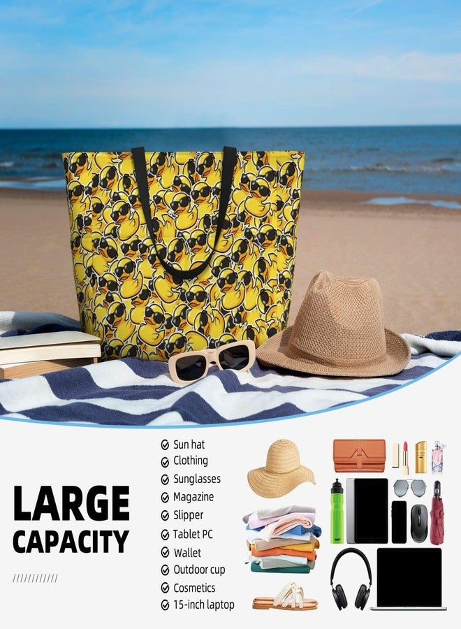 REVENEVER Beach Tote Bag for Women Foldable Waterproof and Sandproof Tote Bag with Zipper Cartoon Duck Print Beach Bag Large Travel Bag - Image 4